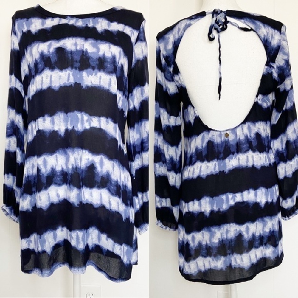 Billabong tie dye striped open back mini dress tunic navy long sleeve medium